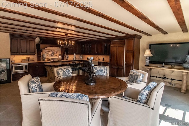 2756 Turtle Bluff Dr, Bloomfield Hills, MI 48302 - tiled dining area featuring beam ceiling and a chandelier