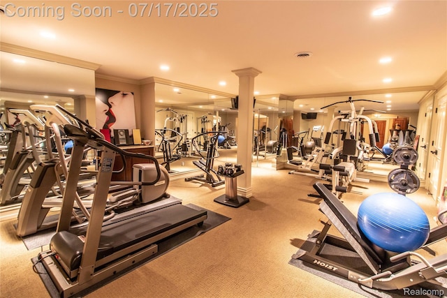 2756 Turtle Bluff Dr, Bloomfield Hills, MI 48302 - workout area featuring ornamental molding, ornate columns, recessed lighting, and carpet flooring