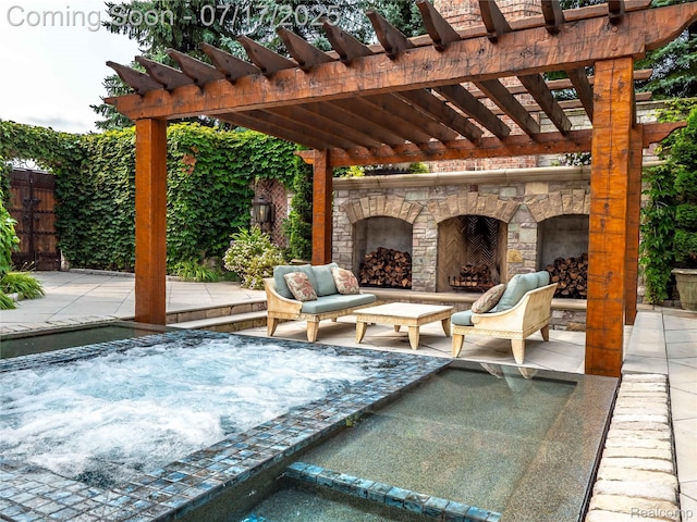 2756 Turtle Bluff Dr, Bloomfield Hills, MI 48302 - view of patio featuring an outdoor stone fireplace, an outdoor hot tub, and a pergola