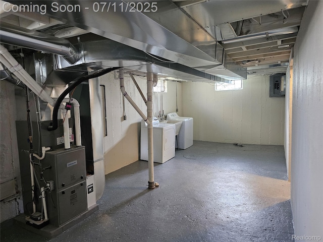 893 Leblanc St, Lincoln Park, MI 48146 - below grade area with washing machine and clothes dryer, electric panel, and heating unit