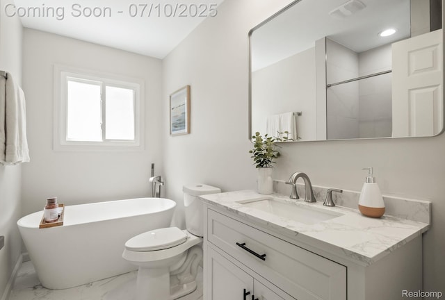 3764 Tyler Ave, Royal Oak, MI 48072 - bathroom featuring marble finish flooring, a freestanding bath, vanity, and a shower