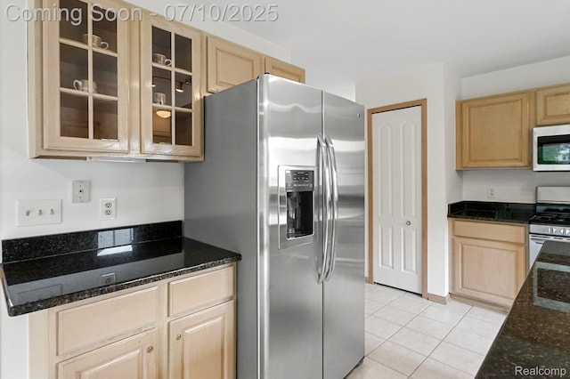 4253 Drexel Dr, Troy, MI 48098 - kitchen with appliances with stainless steel finishes, light brown cabinets, glass insert cabinets, and light tile patterned flooring
