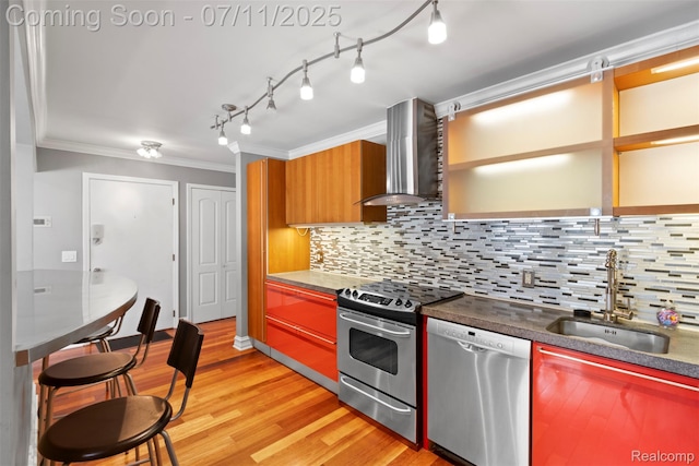 532 E Fox Hills Dr, Bloomfield Hills, MI 48304 - kitchen with stainless steel appliances, wall chimney range hood, crown molding, tasteful backsplash, and light wood-type flooring