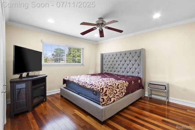 532 E Fox Hills Dr, Bloomfield Hills, MI 48304 - bedroom with wood-type flooring, ornamental molding, recessed lighting, and a ceiling fan