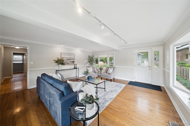 2009 Ridge Rd, White Lake, MI 48383 - living area featuring track lighting, wood finished floors, and crown molding