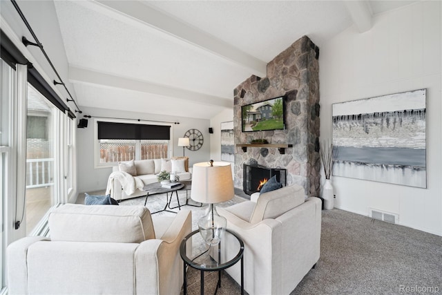 2009 Ridge Rd, White Lake, MI 48383 - carpeted living room with a stone fireplace