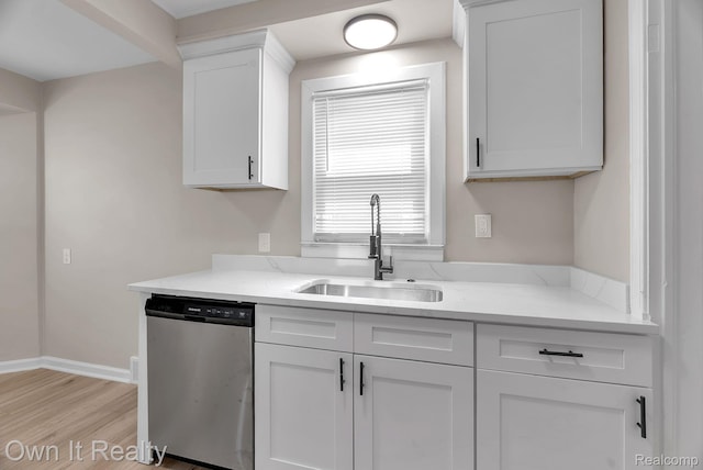 1389 Cleveland Ave, Northville, MI 48146 - kitchen featuring stainless steel dishwasher, white cabinetry, and light wood-style flooring