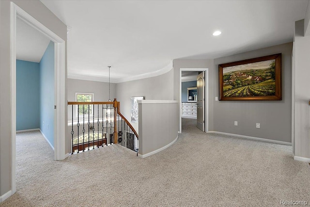 8507 Newbury Ct N, Canton, MI 48187 - corridor with an upstairs landing, carpet floors, crown molding, and recessed lighting