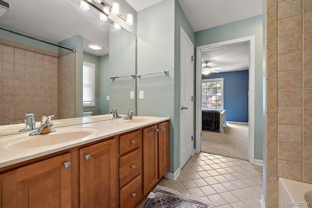 8507 Newbury Ct N, Canton, MI 48187 - ensuite bathroom with double vanity, tile patterned floors, and ceiling fan