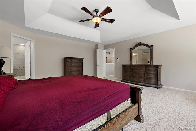 8507 Newbury Ct N, Canton, MI 48187 - bedroom featuring carpet, a ceiling fan, ensuite bathroom, and a raised ceiling