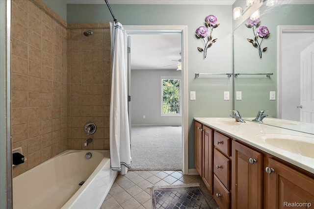 8507 Newbury Ct N, Canton, MI 48187 - bathroom featuring shower / tub combo with curtain, tile patterned floors, double vanity, and a ceiling fan