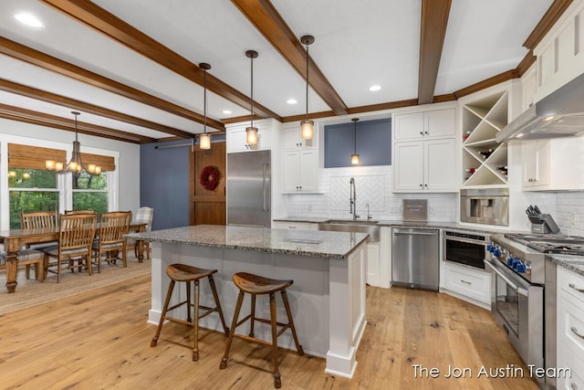7979 Ella Terrace Dr, Rockford, MI 49341 - kitchen with high quality appliances, open shelves, a kitchen island, tasteful backsplash, and white cabinets