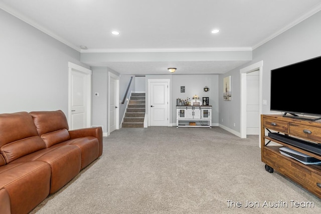 7979 Ella Terrace Dr, Rockford, MI 49341 - living room featuring stairway, ornamental molding, carpet, and recessed lighting