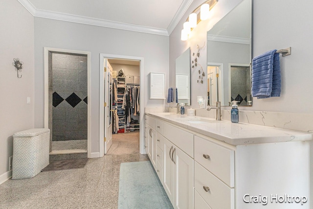 3566 Little Timber Ct SW, Grand Rapids, MI 49534 - bathroom with crown molding, double vanity, a tile shower, and a walk in closet