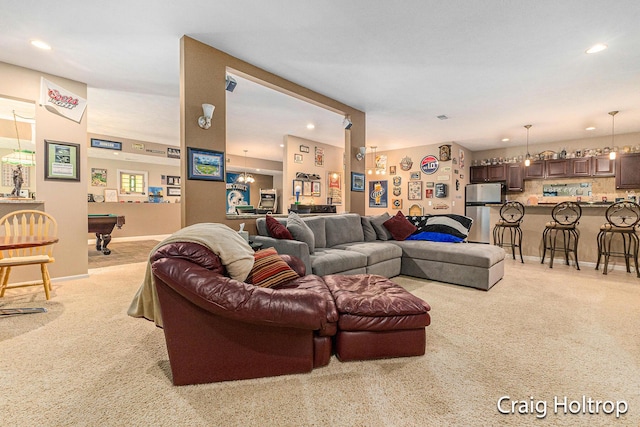 3566 Little Timber Ct SW, Grand Rapids, MI 49534 - living room featuring pool table, light carpet, recessed lighting, and a chandelier