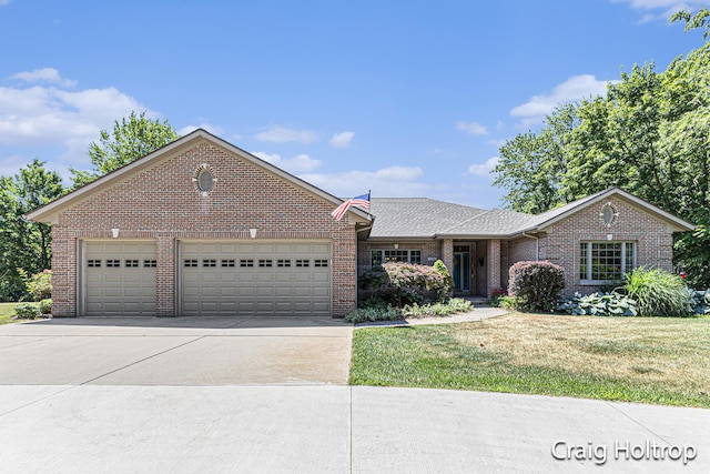 3566 Little Timber Ct SW, Grand Rapids, MI 49534 - ranch-style house with brick siding, concrete driveway, an attached garage, a front yard, and roof with shingles