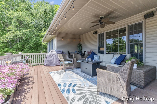 3566 Little Timber Ct SW, Grand Rapids, MI 49534 - wooden terrace with outdoor lounge area and ceiling fan
