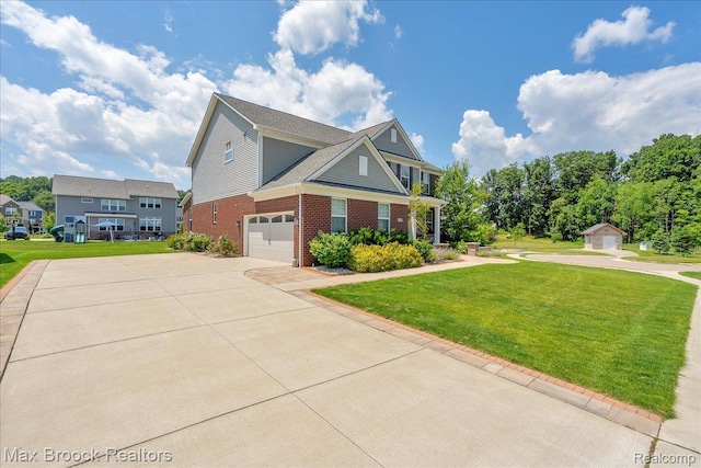 1043 Kendall Ct, Lake Orion, MI 48360 - view of front of property with driveway, a front lawn, brick siding, and a storage shed