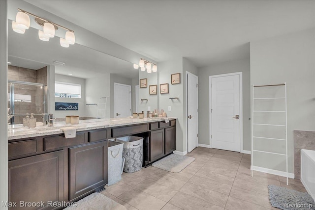 1043 Kendall Ct, Lake Orion, MI 48360 - bathroom featuring a stall shower, vanity, tile patterned floors, a tub, and a closet