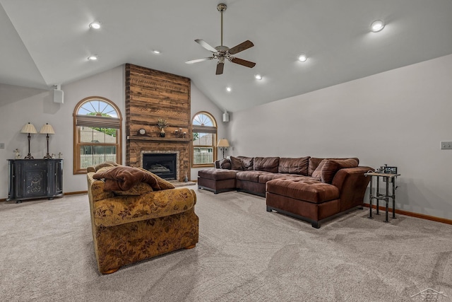 1381 Briarson Dr, Saginaw, MI 48638 - living room featuring light carpet, ceiling fan, recessed lighting, high vaulted ceiling, and a large fireplace