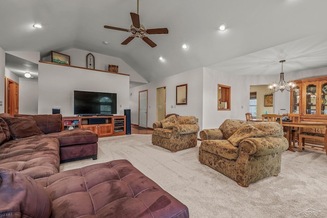 1381 Briarson Dr, Saginaw, MI 48638 - carpeted living area with a chandelier, a ceiling fan, vaulted ceiling, and recessed lighting