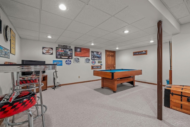 1381 Briarson Dr, Saginaw, MI 48638 - recreation room with carpet flooring, a paneled ceiling, recessed lighting, and billiards table