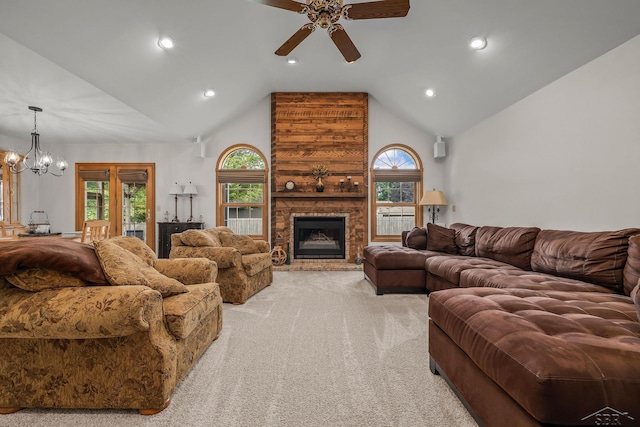 1381 Briarson Dr, Saginaw, MI 48638 - living area with ceiling fan, light carpet, a chandelier, a large fireplace, and recessed lighting