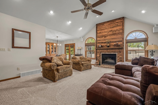 1381 Briarson Dr, Saginaw, MI 48638 - living room featuring carpet flooring, ceiling fan, recessed lighting, a chandelier, and high vaulted ceiling