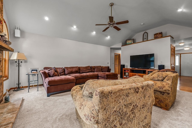 1381 Briarson Dr, Saginaw, MI 48638 - living area with a ceiling fan, vaulted ceiling, carpet floors, and recessed lighting