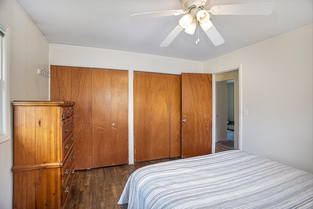 5468 Wellesley Dr, Jackson, MI 49201 - bedroom featuring dark wood-type flooring, multiple closets, and ceiling fan