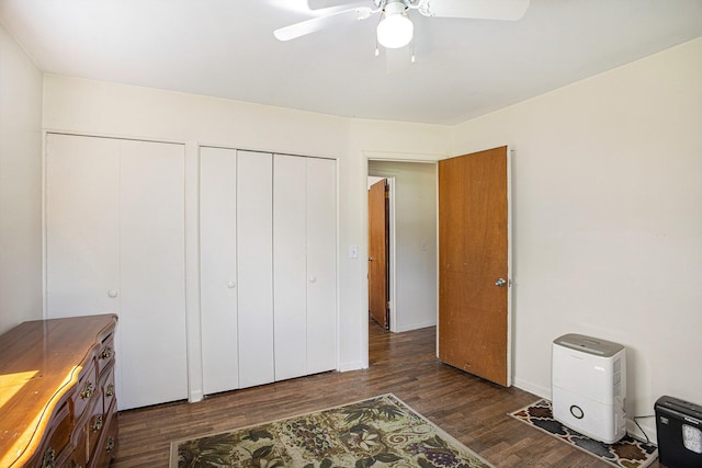 5468 Wellesley Dr, Jackson, MI 49201 - bedroom featuring dark wood-style floors, two closets, and ceiling fan