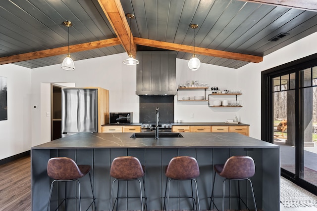 9442 Community Hall Rd, Union Pier, MI 49129 - kitchen featuring dark countertops, freestanding refrigerator, wood finished floors, open shelves, and wooden ceiling