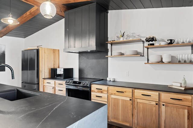 9442 Community Hall Rd, Union Pier, MI 49129 - kitchen featuring stainless steel appliances, dark countertops, open shelves, and wooden ceiling