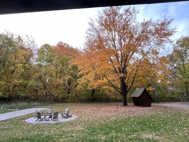 9442 Community Hall Rd, Union Pier, MI 49129 - view of grassy yard featuring a fire pit, a patio, and a forest view