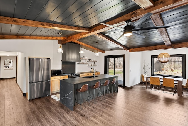 9442 Community Hall Rd, Union Pier, MI 49129 - kitchen featuring black appliances, dark countertops, wooden ceiling, dark wood-type flooring, and ceiling fan