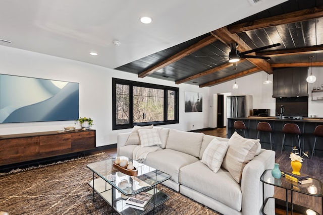9442 Community Hall Rd, Union Pier, MI 49129 - living area featuring wood finished floors, recessed lighting, a ceiling fan, and wooden ceiling