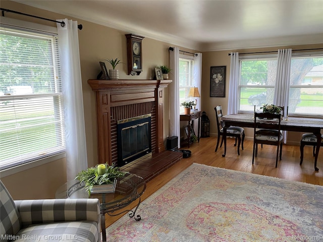 41079 E Ann Arbor Trl, Plymouth, MI 48170 - living room featuring a brick fireplace, wood finished floors, and ornamental molding