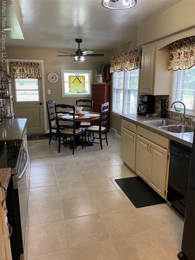 41079 E Ann Arbor Trl, Plymouth, MI 48170 - kitchen featuring stainless steel electric stove, a ceiling fan, dishwasher, and light tile patterned floors
