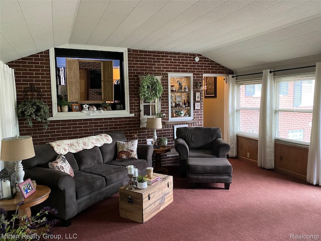 41079 E Ann Arbor Trl, Plymouth, MI 48170 - living area featuring lofted ceiling, brick wall, and carpet floors