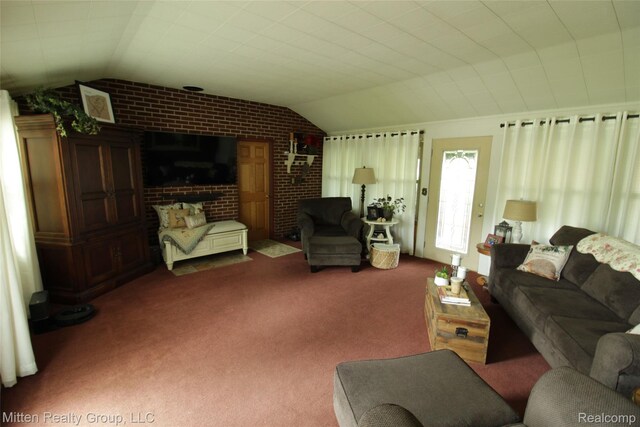 41079 E Ann Arbor Trl, Plymouth, MI 48170 - living area with lofted ceiling, carpet, and brick wall