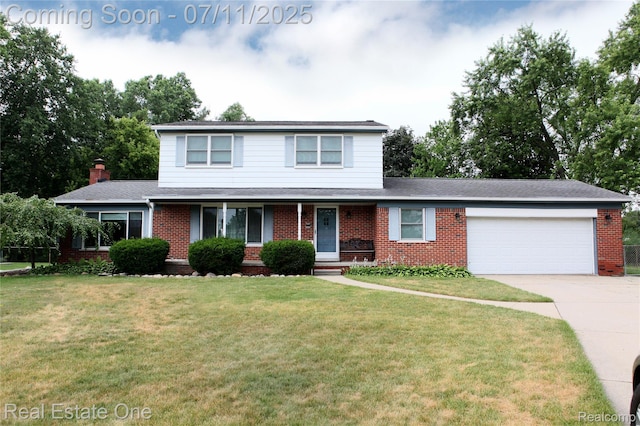 53347 Mark Dr, Shelby Twp, MI 48316 - traditional-style home featuring brick siding, an attached garage, concrete driveway, a front yard, and roof with shingles