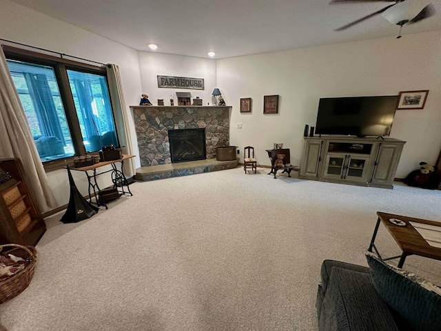 308 W Hosmer St, Saint Charles, MI 48655 - living room featuring carpet floors, a ceiling fan, a stone fireplace, and recessed lighting