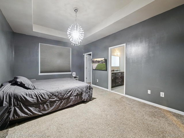 2655 Devondale Rd, Rochester Hills, MI 48309 - bedroom with a chandelier, a raised ceiling, carpet floors, and ensuite bath
