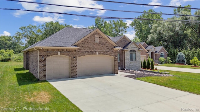 2655 Devondale Rd, Rochester Hills, MI 48309 - french provincial home featuring an attached garage, a front yard, concrete driveway, brick siding, and a shingled roof