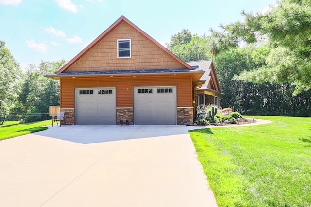9434 84th St SE, Alto, MI 49302 - view of front of house with stone siding, a garage, a front lawn, and view of wooded area