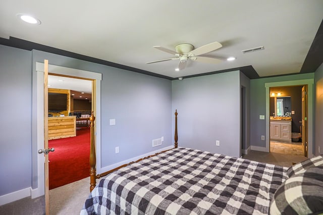 9434 84th St SE, Alto, MI 49302 - bedroom with carpet flooring, recessed lighting, ceiling fan, and connected bathroom
