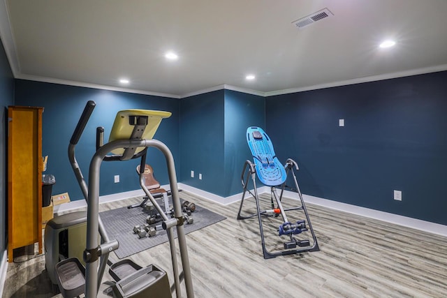 9434 84th St SE, Alto, MI 49302 - workout area featuring crown molding, wood finished floors, and recessed lighting