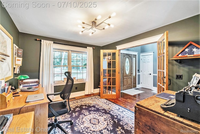 359 High Bluffs Dr, Ortonville, MI 48462 - office with wood finished floors and a chandelier