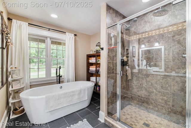 359 High Bluffs Dr, Ortonville, MI 48462 - full bath featuring a stall shower, a freestanding bath, tile patterned floors, and recessed lighting