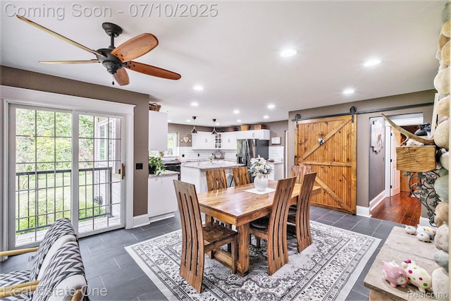 359 High Bluffs Dr, Ortonville, MI 48462 - dining space with a barn door, recessed lighting, plenty of natural light, ceiling fan, and dark tile patterned floors